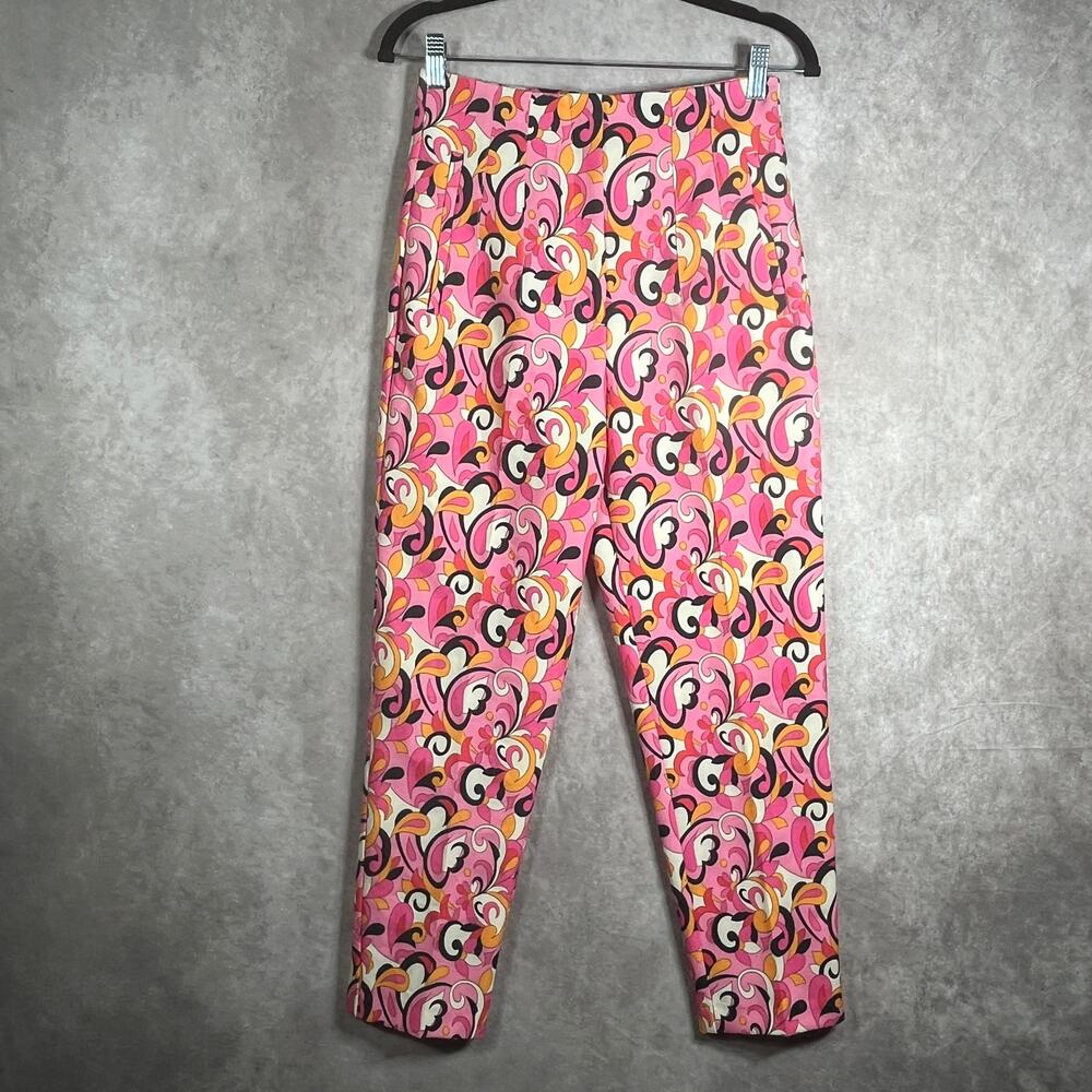 Zara‎ Ankle Pants Womens Small Pink Paisley High Waisted Flat Front Tapered Art